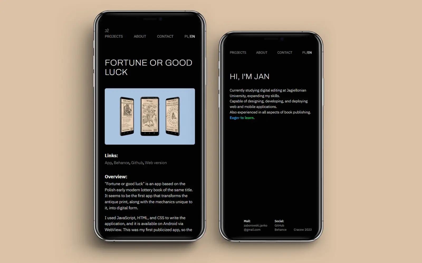 Mockup pokazujący stronę portfolio na dwóch telefonach.